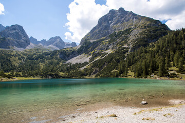 Naklejka na ściany i meble Panorama of mountain lake Seebensee in Tirol, Austria