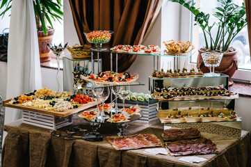 Light snacks in a plate on a buffet table. Assorted mini canapes, delicacies and snacks, restaurant...