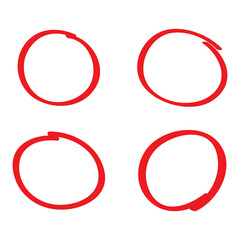 Red circle, pen draw set. Highlight hand drawn circle isolated on background. Handwritten red circle. For marker pen, pencil, logo and text check. Circle vector illustration