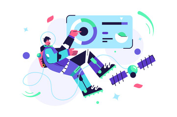 Astronaut guy flying in zero gravity in a spacesuit, virtual screen with control panel isolated on white background, flat vector illustration