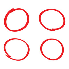 Red circle, pen draw set. Highlight hand drawn circle isolated on background. Handwritten red circle. For marker pen, pencil, logo and text check. Circle vector illustration