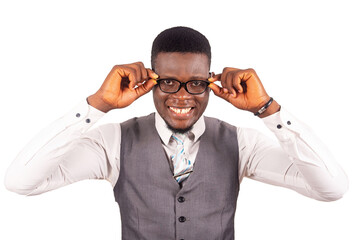 young businessman adjusting the frame of his glasses