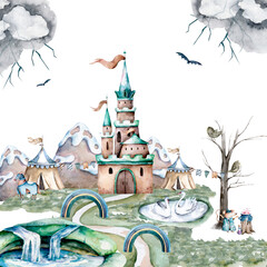 Obraz na płótnie Canvas Castle with a high tower and flag. Around the castle forest and mountains. Hand drawn watercolor fairy illustration