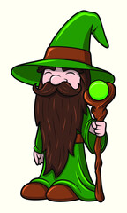 Old wizard cartoon illustration with long brown beard, green robe and hat, holding a wooden staff with light green orb. Nature forest mage character design or concept of fantasy person. Happy face.