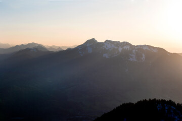 Sunset mountain panorama at Seekarkreuz mountain in Bavaria, Germany, springtime