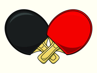 Illustration of crossed table tennis rackets. Logotype for sports club or team logo. Red and black racket with handles crossed. Ping pong tournament icon showing equipment. Cartoon style, flat design.