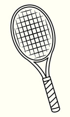 Uncolored Tennis racket line art illustration. Sports equipment icon isolated on white background. For coloring book or coloring page or use as logo design concept. Leisure hobby game and fitness