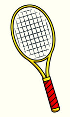 Yellow tennis racket with red handle grip. Simple cartoon illustration of sports equipment for use as logotype or icon for tournaments and championships. Healthy fitness lifestyle clip art. 