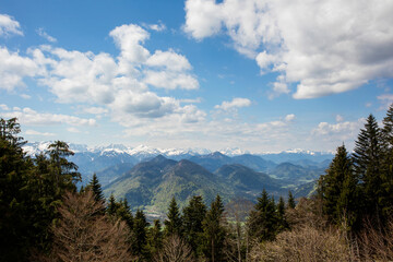 Mountain panorama at Seekarkreuz mountain in Bavaria, Germany, springtime