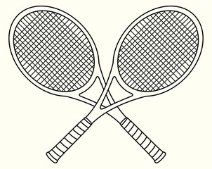 Illustration of crossed tennis rackets. Logotype for sports club or team logo. Lineart illustration with handles crossed. Tournament icon showing equipment. Line art drawing for coloring book or page.