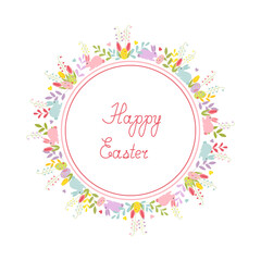 Easter card with cartoon characters and hand lettering in a round frame. Isolated vector colorful card on white backgroung.