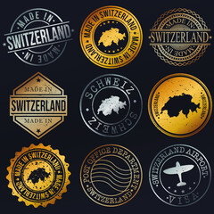 Switzerland Map Metal Stamps. Gold Made In Product Seal. National Logo Icon. Symbol Design Insignia Country.