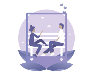 Social media frame. Man sit with a girl at park.  Vector illustration with Web communication idea for telework, remote working, social media, business, finance, and start up
