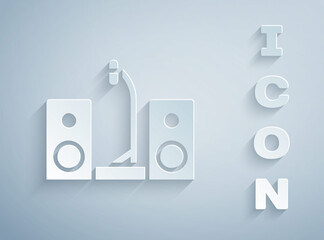 Paper cut Home stereo with two speaker s icon isolated on grey background. Music system. Paper art style. Vector.