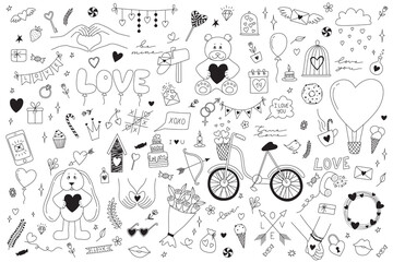 Obraz premium Valentine's Day Doodle Set. Romantic vector icon in hand drawn outline style. Lettering, birds, hearts, flower, lips and other. Wedding, love and romantic events characters and illustrations.