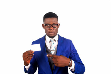 young businessman pointing finger on playing card