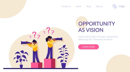Opportunity as vision for chances for busines. Competitors looking for future company plans and achieve success. Modern flat illustration.
