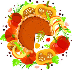 Round homemade cake on the background of a wreath of colorful pumpkins. Home cooking, healthy eating, baking. Illustration for menus, recipes, printing design.