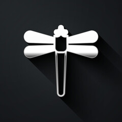 Silver Dragonfly icon isolated on black background. Long shadow style. Vector.