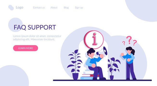 Online assistant, user help, frequently asked questions. Website FAQ section. Call center worker cartoon character. Problem solution, quiz game. Modern flat illustration.