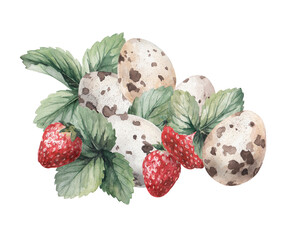 watercolor drawing cute quail eggs ripe strawberries and old vintage keys collage 2 on a white background