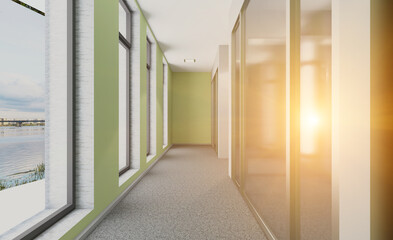 Modern meeting room. 3D rendering.. Empty office. Sunset.