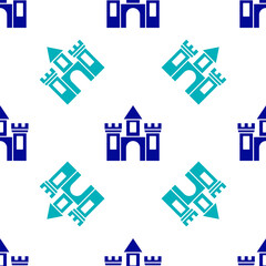 Blue Castle icon isolated seamless pattern on white background. Medieval fortress with a tower. Protection from enemies. Reliability and defense of the city. Vector.