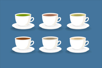 set of different green teas in cute cartoon white cups with saucers isolated on blue background vector illustration for web design and printing. 

