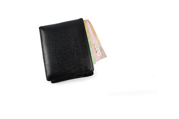 Top view of New black genuine leather wallet with banknotes and credit card inside isolated on white background(Focus selection).