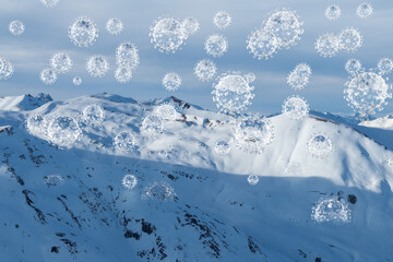 Fototapeta na wymiar Flying coronaviruses in the mountains during winter, in the lockdown.