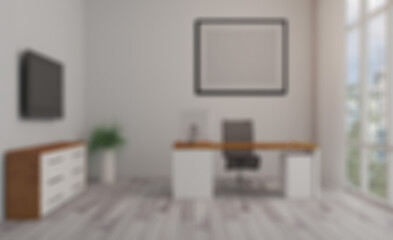 Elegant office interior. Mixed media. 3D rendering.. Empty paintings. Abstract blur phototography