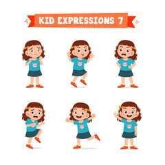cute little kid girl in various expressions and gesture set
