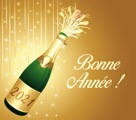 Bonne année 2021 ! Carte de vœux dorée avec bouteille de Champagne ouverte. Illustration vectorielle.