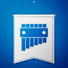 Blue Pan flute icon isolated on blue background. Traditional peruvian musical instrument. Folk instrument from Peru, Bolivia and Mexico. White pennant template. Vector.