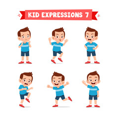 cute little kid boy in various expressions and gesture set
