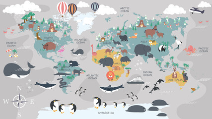 La carte du monde avec des animaux de dessins animés pour les enfants, la nature, la découverte et le nom du continent, le nom de l& 39 océan, le nom du pays. illustration vectorielle.
