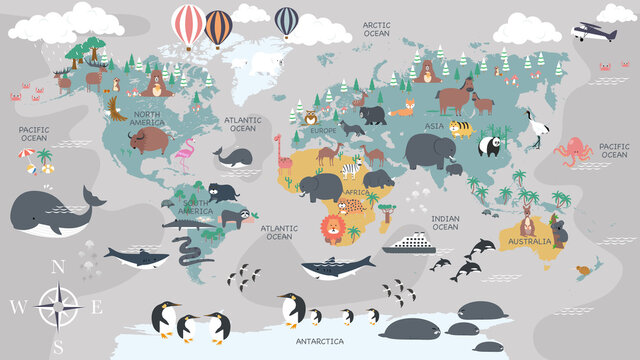 The world map with cartoon animals for kids, nature, discovery and continent name, ocean name, countries name. vector Illustration. © Nikhom