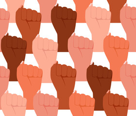 Group multicultural people raised fist, sign protest, seamless background. Strength, strong woman power, justice and unity concept pattern. Vector illustration