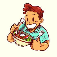 Hungry boy eat a bowl of food