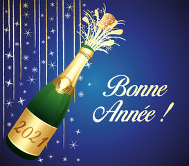 Bonne année 2021 ! Carte de vœux bleue et dorée avec bouteille de Champagne ouverte. 
