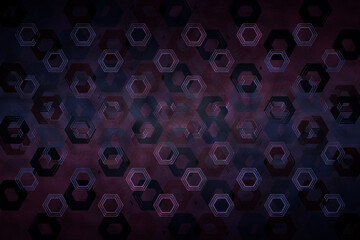Abstract 3d background with many honeycombs, hexagons, triangles, repeating and intersecting each other, soft neon colors, texture of sand and waves, mirror reflection, distortion