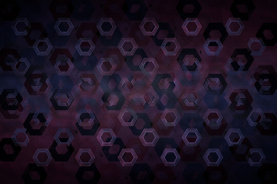 Abstract 3d background with many honeycombs, hexagons, triangles, repeating and intersecting each other, soft neon colors, texture of sand and waves, mirror reflection, distortion