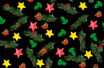 Watercolor illustrations of fir branches, boxes with gifts, stars and Christmas trees on a black background for your design