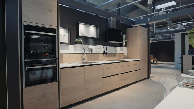 A wood kitchen showroom gimbal shot