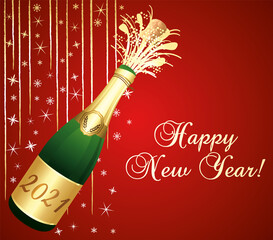 Red and gold greeting card 2021 Happy New Year with uncorked bottle of Champaign.
