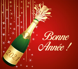 Bonne année 2021 ! Carte de vœux rouge et dorée avec bouteille de Champagne ouverte. Illustration vectorielle.