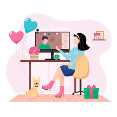 St. Valentines Day - Young woman with man online dating. Love in the air, spring, romantic online chatting. Flat vector illustration for web, landing page, banner. Real life in a pandemic 2021.
