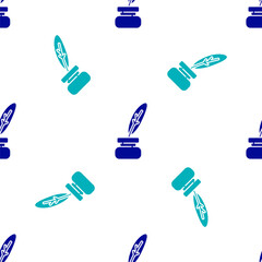 Blue Feather and inkwell icon isolated seamless pattern on white background. Vector.