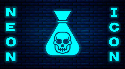 Glowing neon Pirate coin icon isolated on brick wall background. Vector.