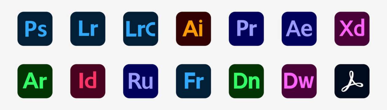 Adobe product. Photoshop, Illustrator, Premier, After Effects. Adobe rush and xd. Adobe icons. Set of graphic products. Rivne, Ukraine - December 23, 2020.